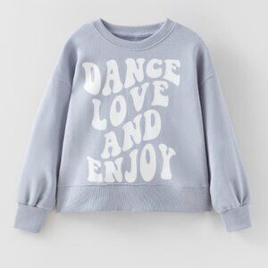 GIRLS ZARA CREW NECK SWEATSHIRT PULLOVER DANCE LOVE ENJOY GRAPHIC BLUE PURPLE 14
